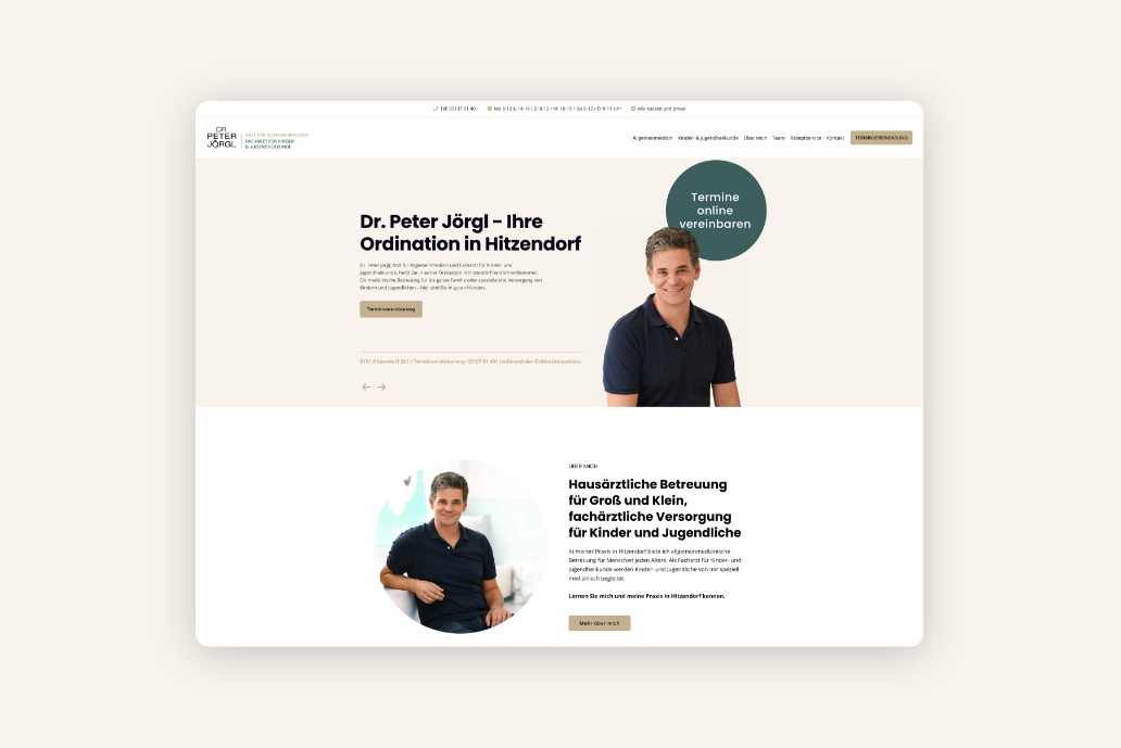 Desktop-Screenshot der Startseite mit Text und einem Bild von Dr. Peter Jörgl.