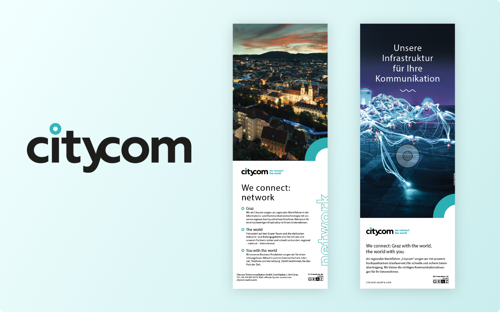 Citycom Logo gemeinsam mit Inseraten im Markenstil.