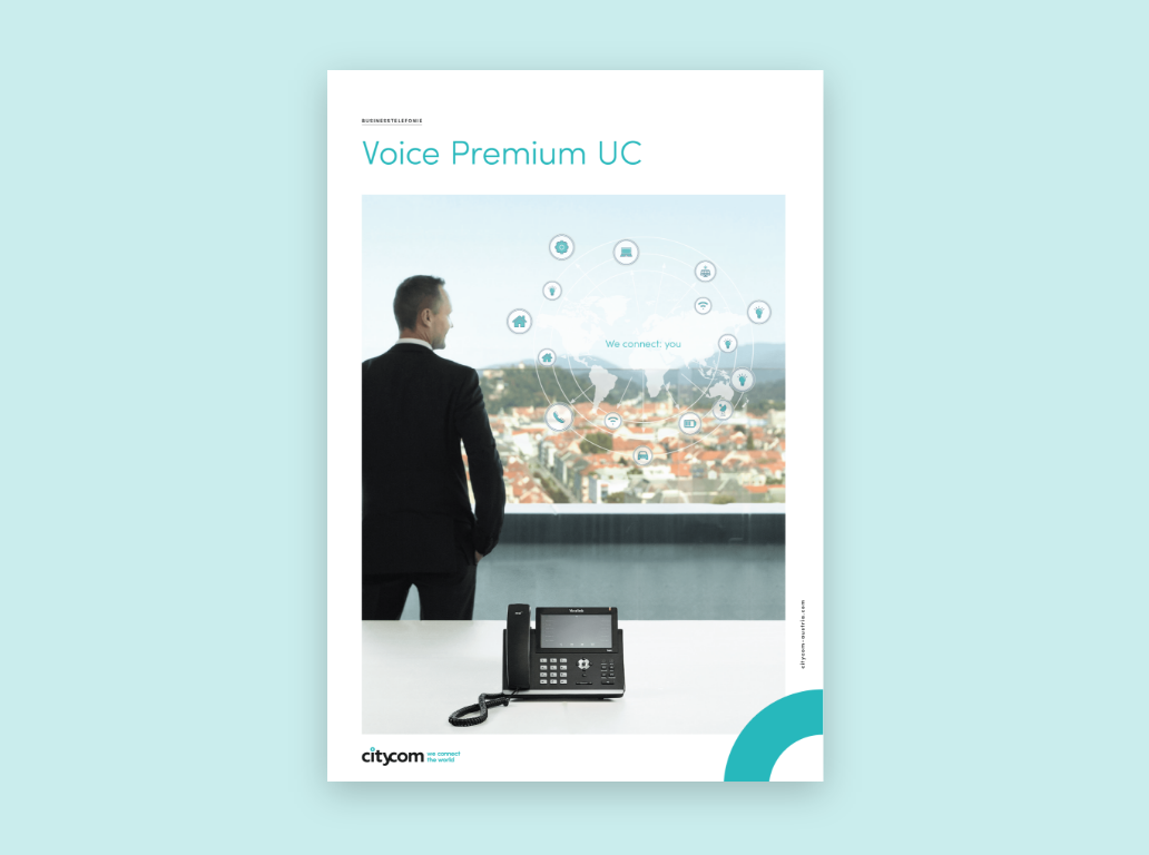 Citycom Folder-Cover zum Voice-Angebot, mit einem Mann, der über Graz blickt.