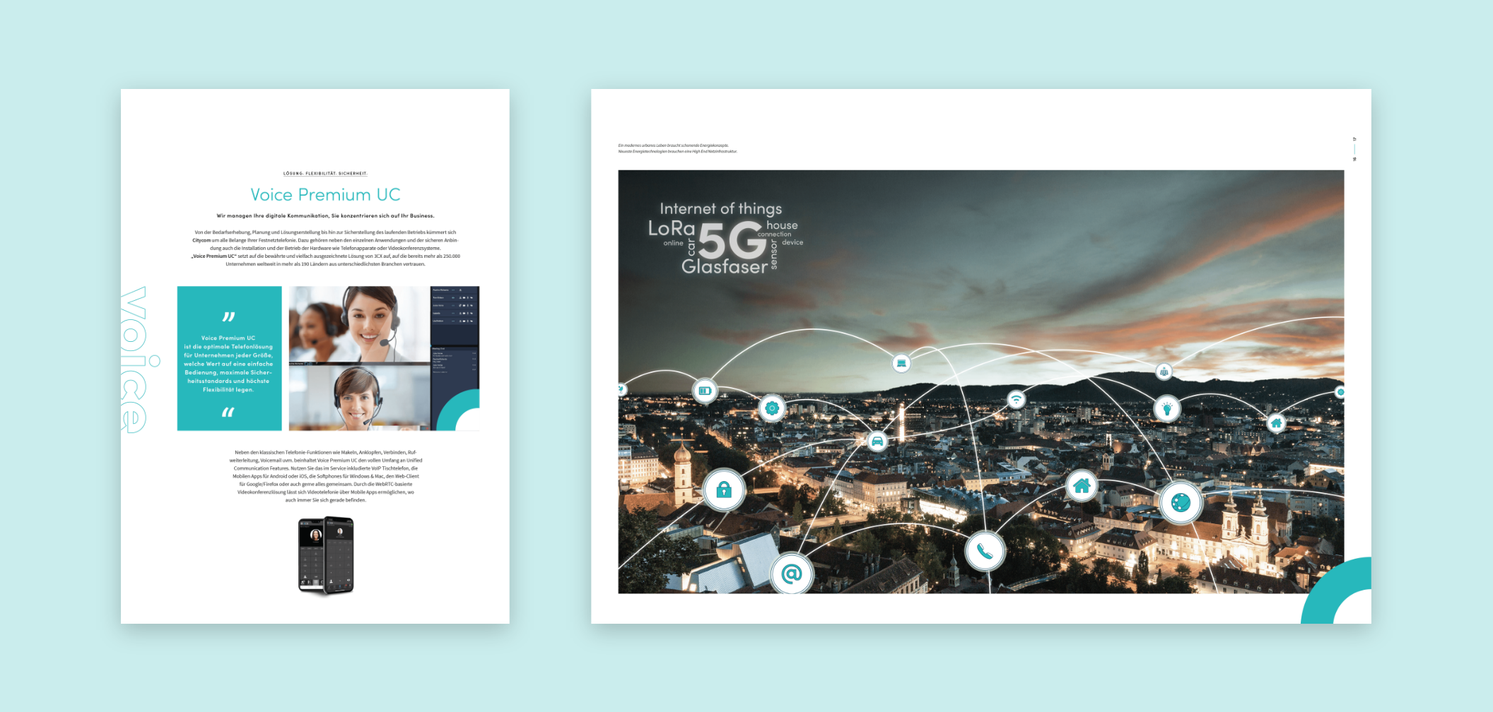Citycom Folder mit zwei Innenseiten zum Voice-Angebot sowie einer abstrakten Darstellung zum Thema 5G in Graz.