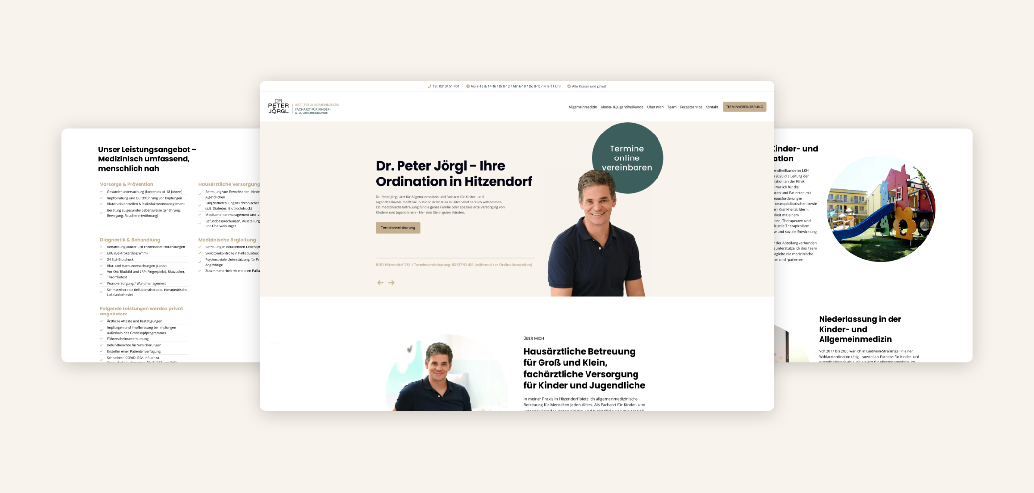 Desktop-Screenshot der Startseite mit Text und einem Bild von Dr. Peter Jörgl, im Hintergrund zwei weitere Screens mit Vorteilen und Leistungen.