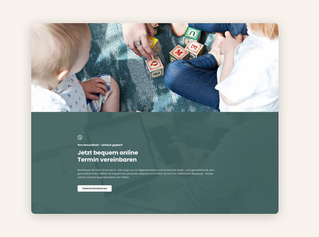 Desktop-Screenshot mit Button und Bild zur Terminvereinbarung.