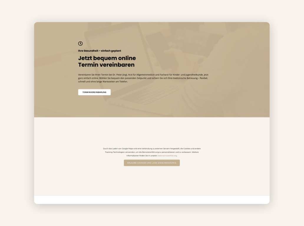Desktop-Screenshot mit Call-to-Action für die Terminvereinbarung.