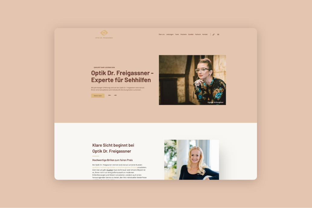 Desktop-Screenshot der Startseite mit Text und einem Kundenbild.