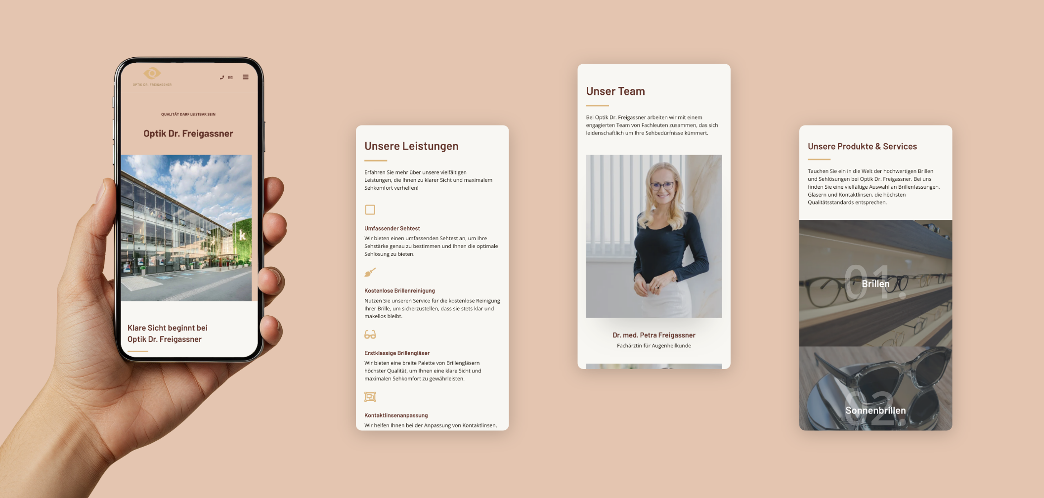 Vier Smartphone-Screens der Startseite mit Bild, Text, Vorteilen und Teamvorstellung.