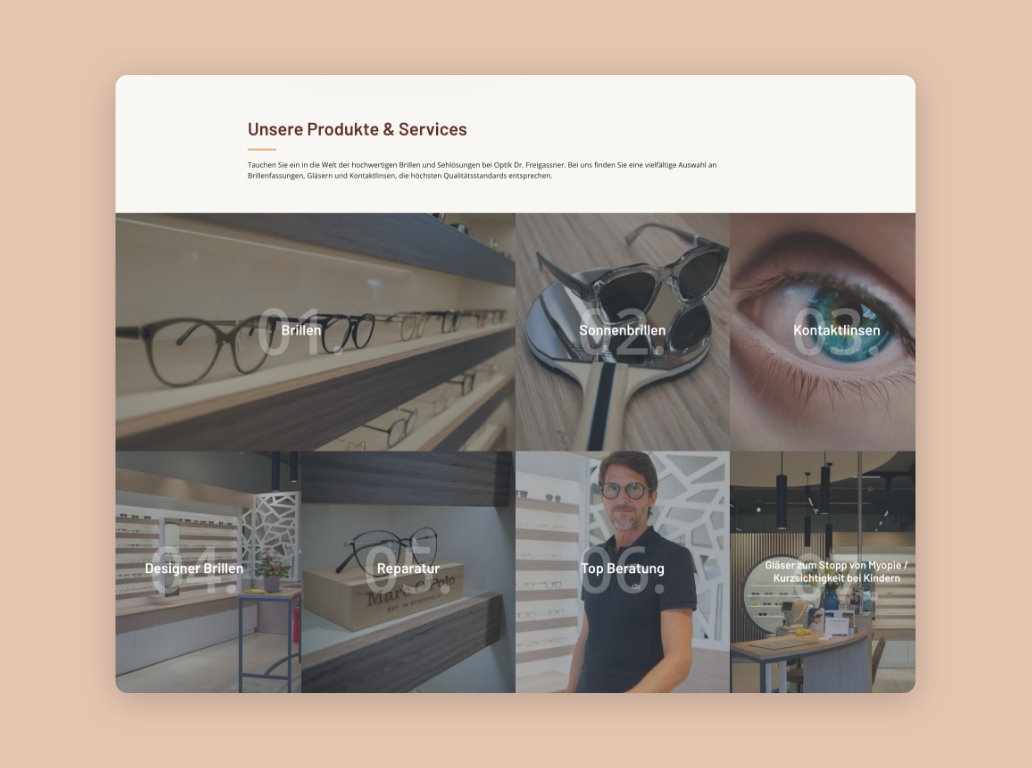 Desktop-Screenshot mit Kacheln zu Vorteilen und Angeboten.