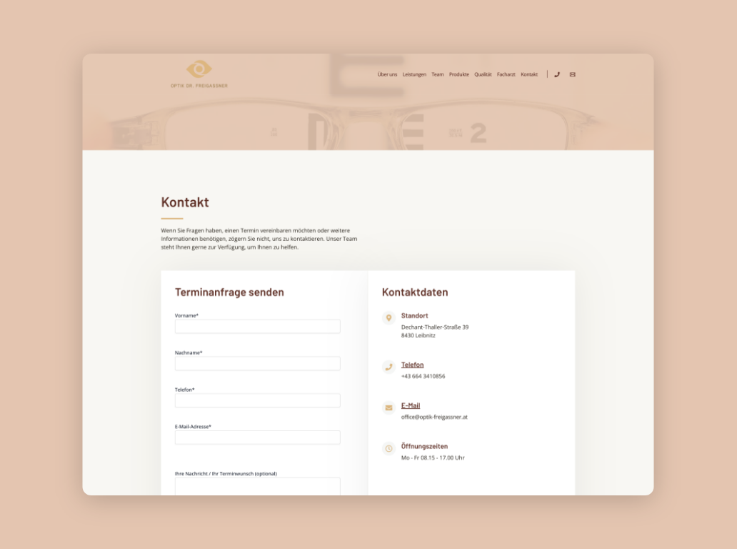 Desktop-Screenshot der Kontaktseite mit Möglichkeit zur einfachen Terminvereinbarung.