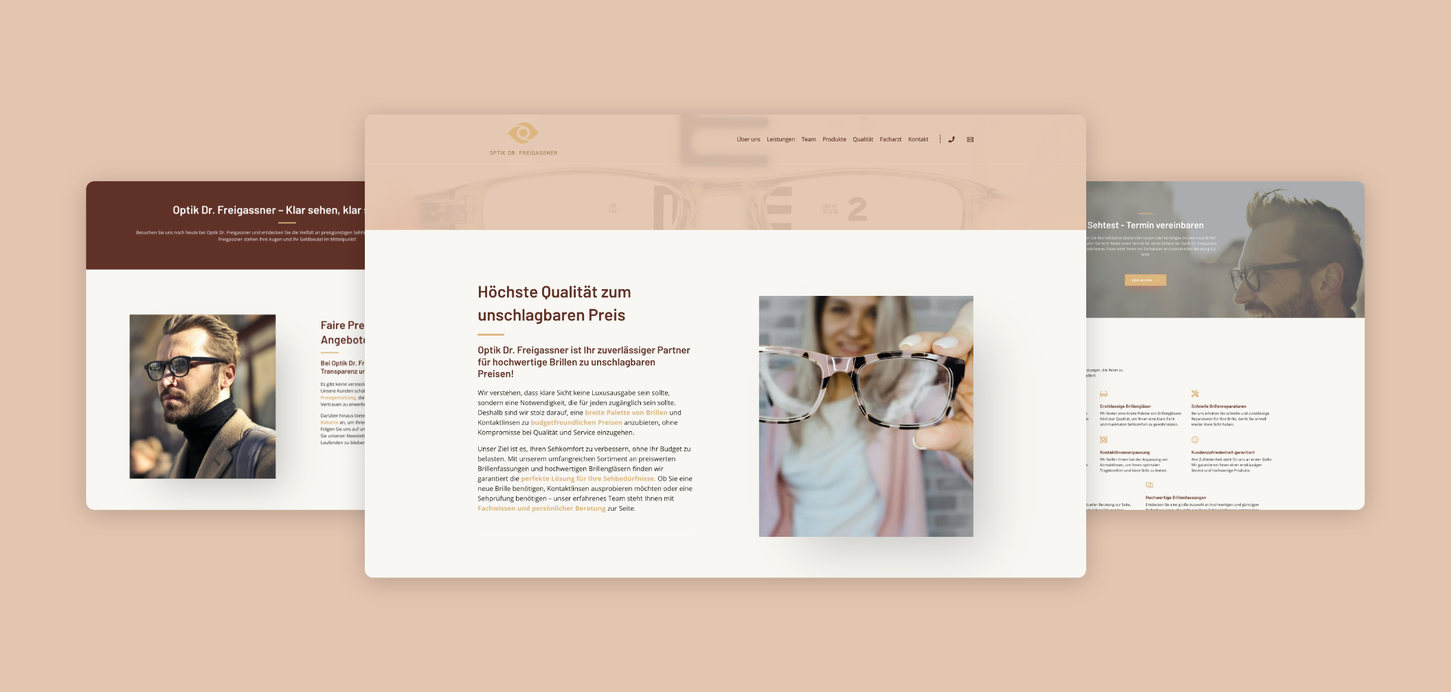 Desktop-Screenshot einer Content-Seite mit Bild, Text und einer Brille; im Hintergrund zwei weitere Screens mit Angeboten und Vorteilen.