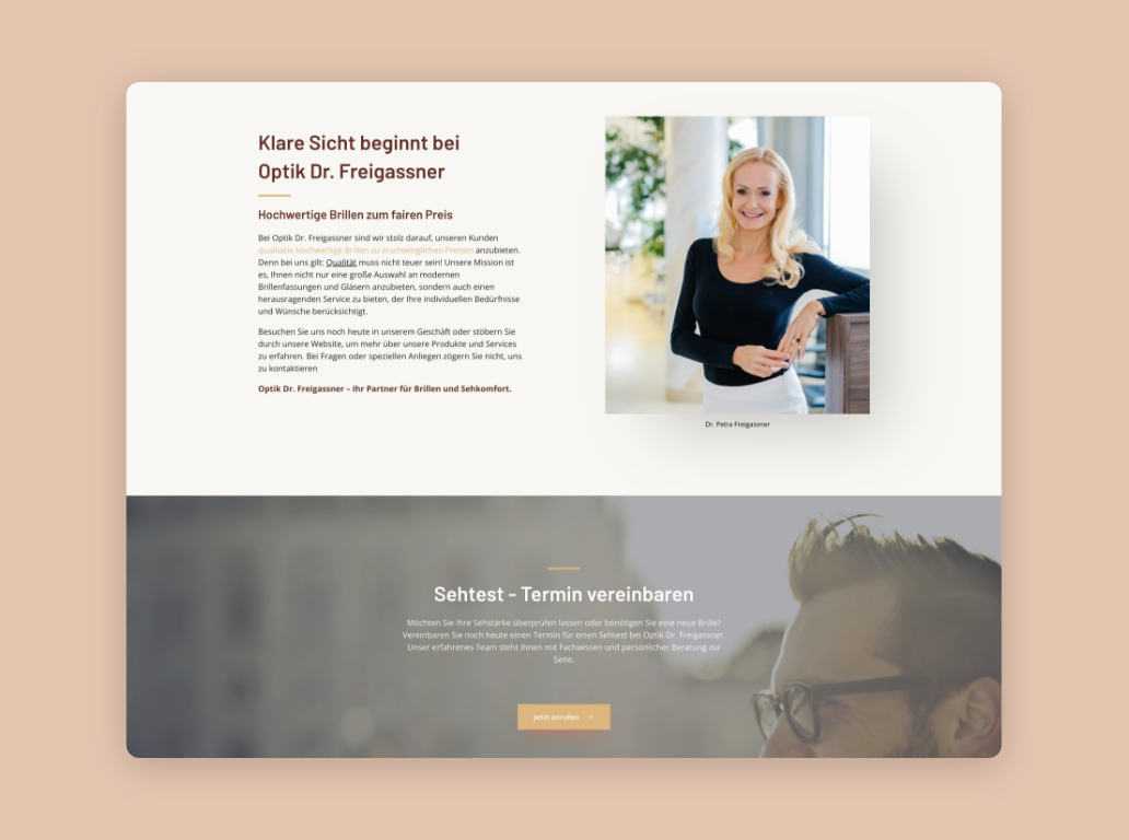Desktop-Screenshot der „Über uns“-Seite mit Text und Bild.