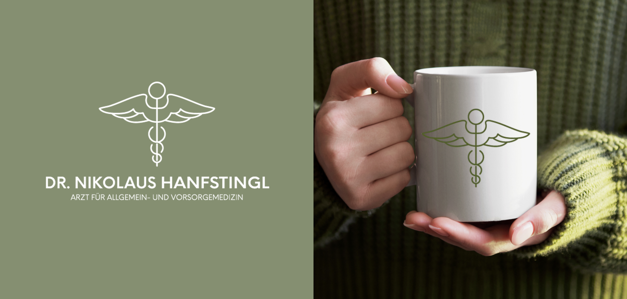 Dr. Nikolaus Hanfstingl Logo auf grünem Hintergrund sowie eine Tasse mit dem Bildlogo.