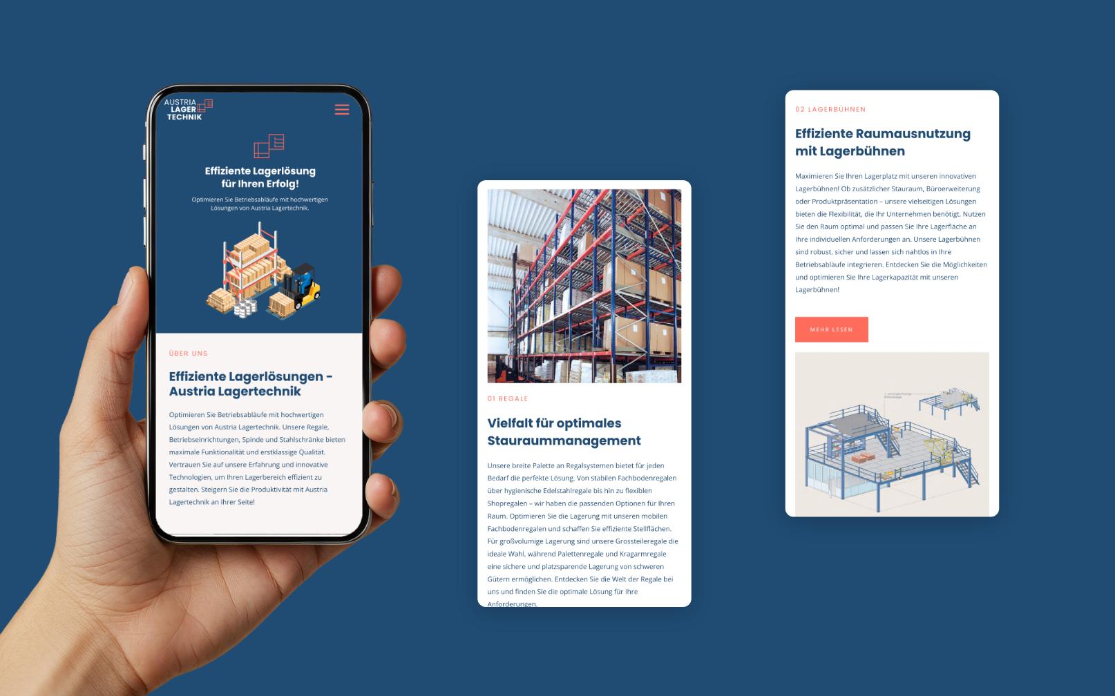 Drei Smartphone-Screens der Startseite mit Illustration, Bildern, Text und Vorteilen.