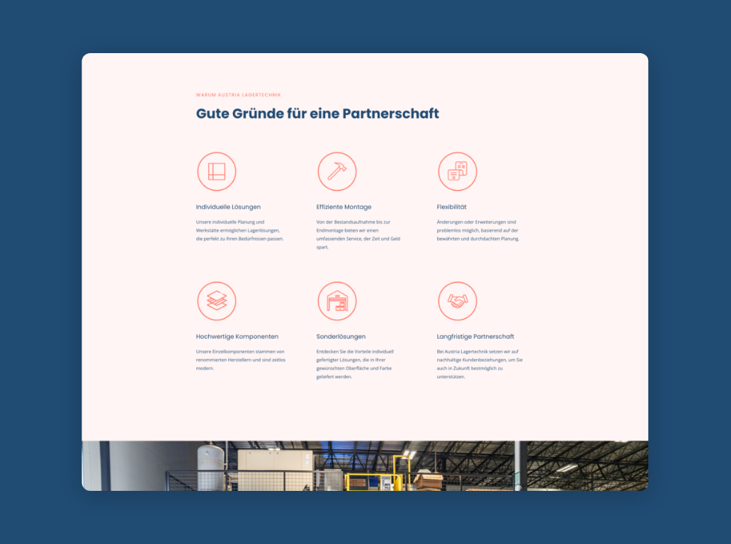 Desktop-Screenshot mit den sechs Vorteilen von Austrian Lagertechnik in strukturierter Übersicht.