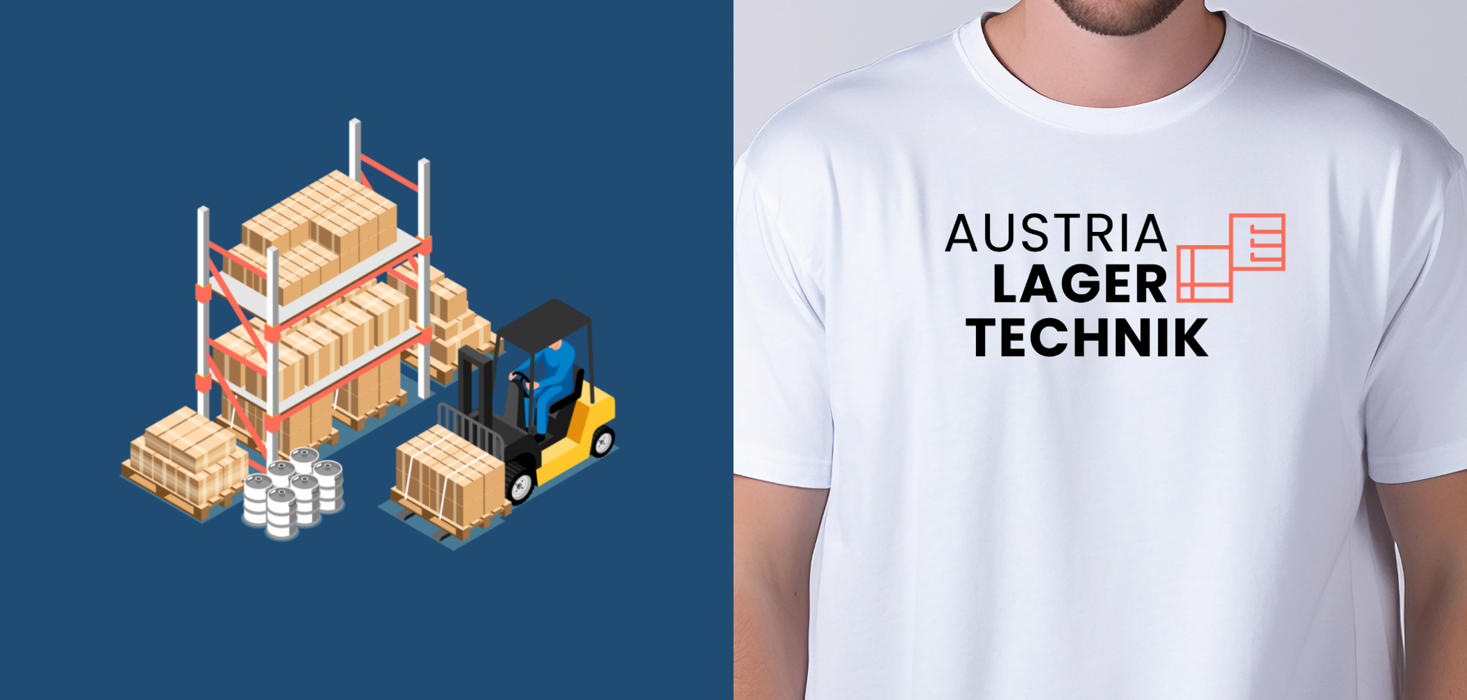 Illustration eines Lagers mit einem Stapler sowie ein T-Shirt mit dem Austrian Lagertechnik Logo.