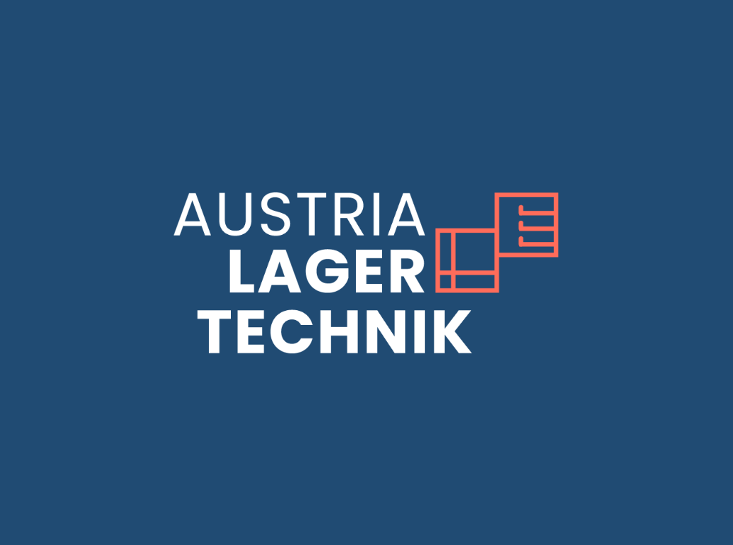 Austrian Lagertechnik Logo auf blauem Hintergrund.