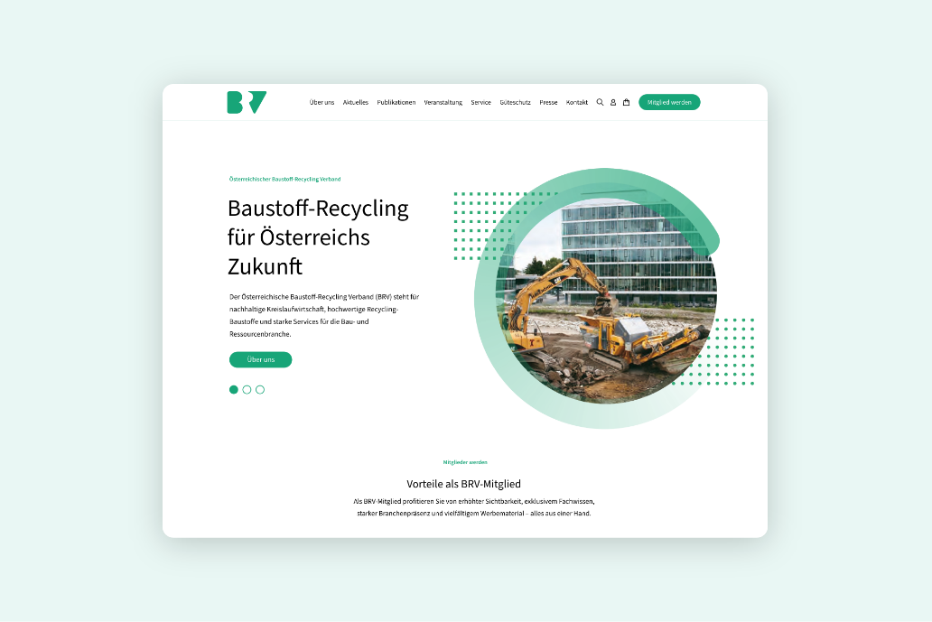 Desktop-Screenshot der Startseite mit Text, Baggerfoto und BRV-Brand-Elementen.