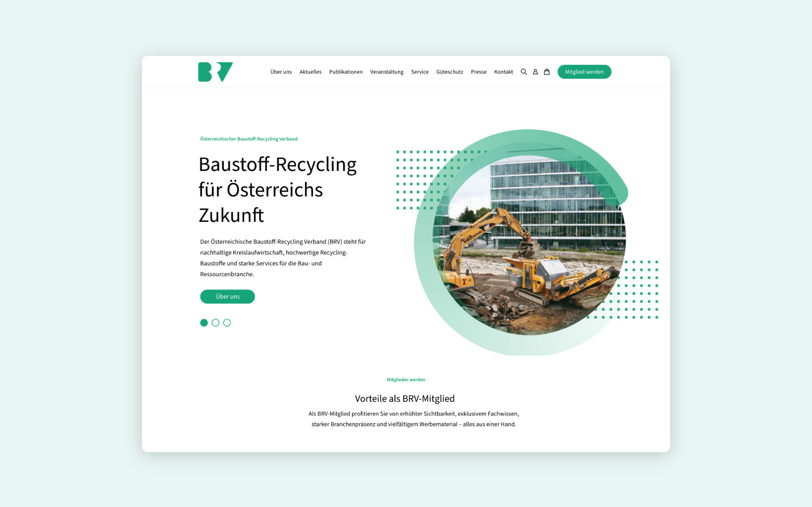 Desktop-Screenshot der Startseite mit Text, Baggerfoto und BRV-Brand-Elementen.