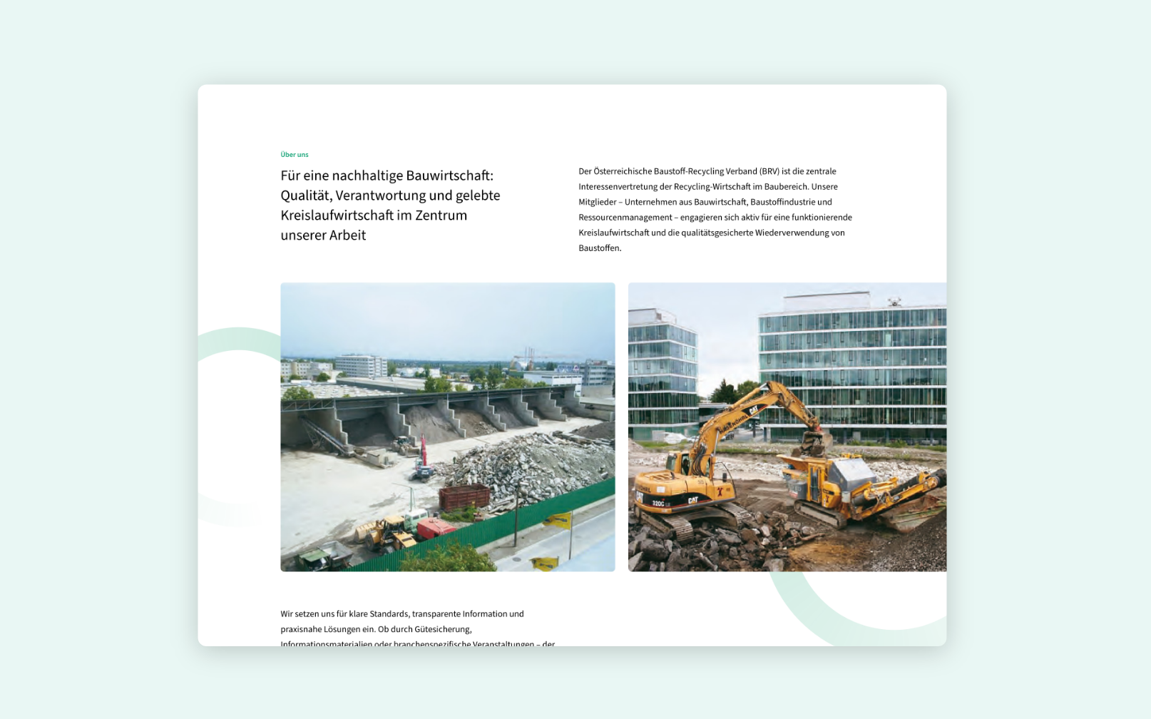 Desktop-Screenshot mit zwei Baustellenfotos, Textinhalten und kreisförmigen BRV-Designelementen.
