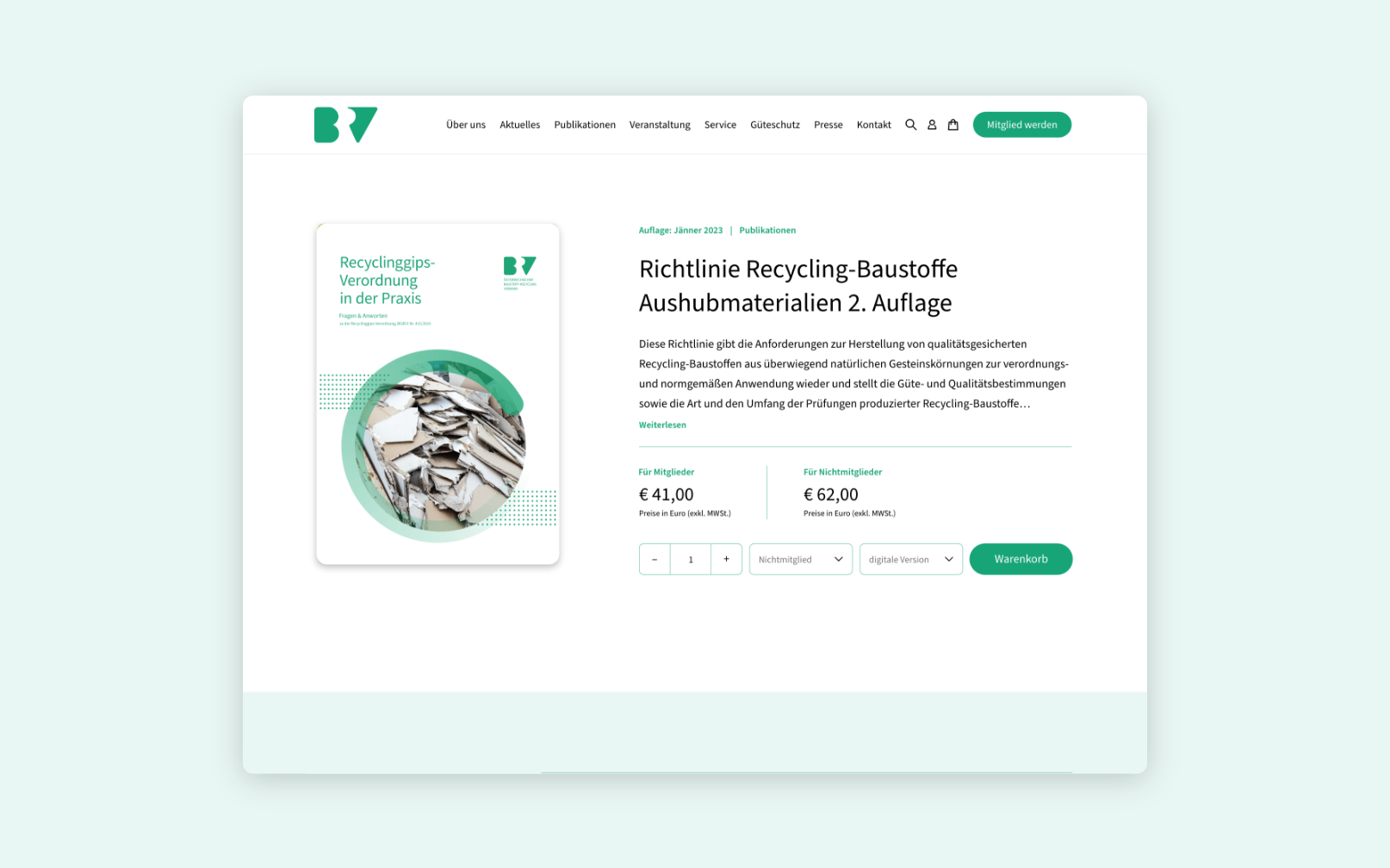Desktop-Screenshot einer Publikationsdetailseite mit Preis, Menge und Bestellbutton.