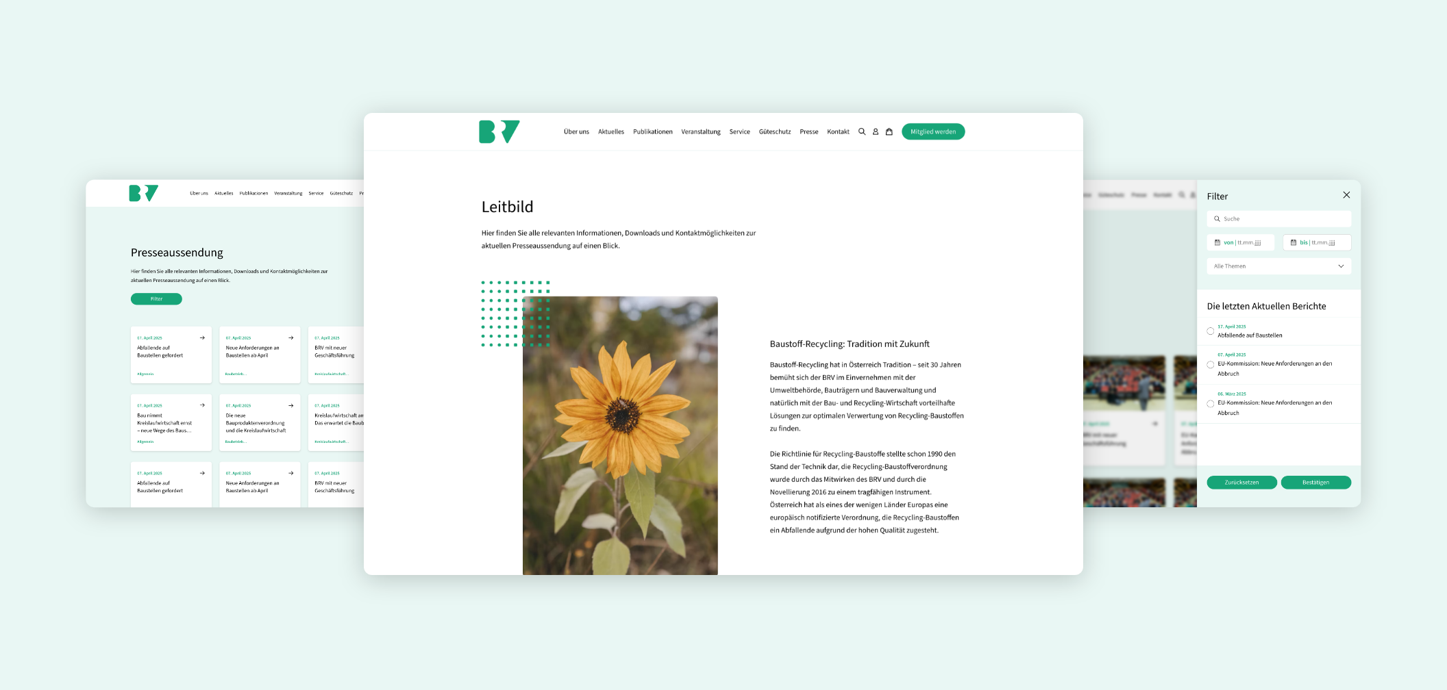 Desktop-Screenshot des Leitbilds mit Text, Sonnenblumenbild und Brand-Elementen; im Hintergrund zwei weitere Screens der „Über uns“-Seite.