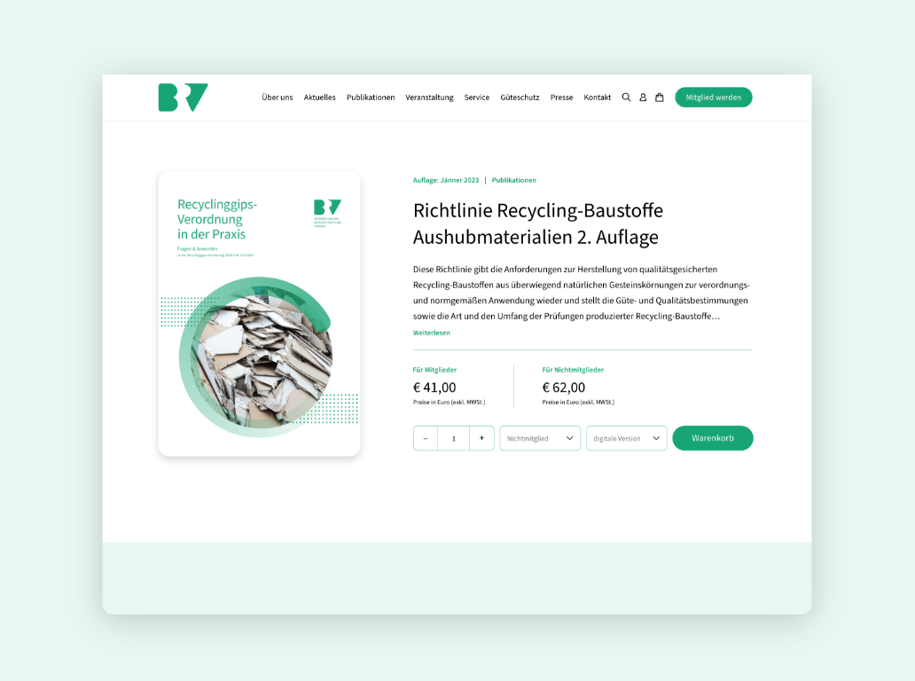 Desktop-Screenshot einer Publikationsdetailseite mit Preis, Menge und Bestellbutton.