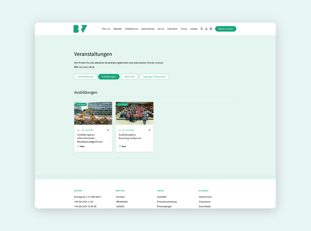 Desktop-Screenshot der Veranstaltungsübersicht mit zwei Ausbildungen und Filteroptionen.