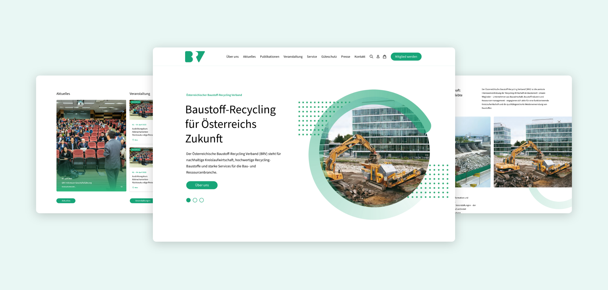 Desktop-Screenshot der Startseite mit Text, Baggerfoto und Brand-Elementen; im Hintergrund zwei weitere Screens der Startseite.