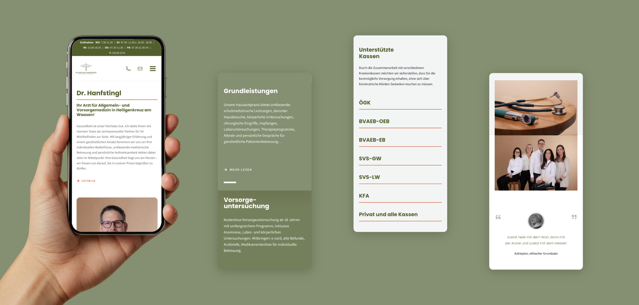 Vier Smartphone-Screens der Startseite mit Bild, Text und Verlinkungen zu weiteren Inhaltsseiten.